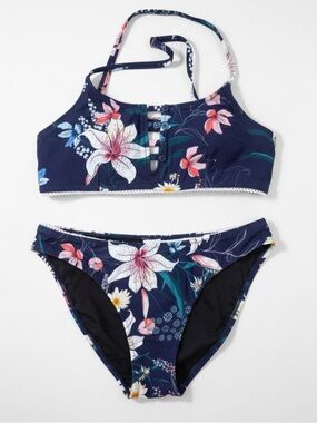 Cupshe Navy Floral Bikini Top with Pink and White Flowers‎